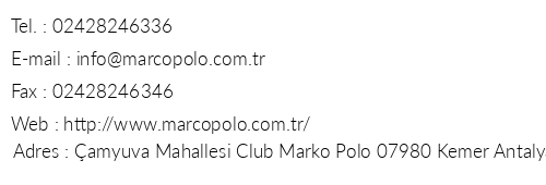 Club Marco Polo telefon numaralar, faks, e-mail, posta adresi ve iletiim bilgileri